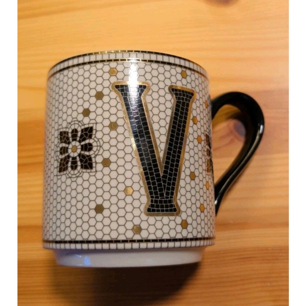 Anthropologie Bistro Style Stoneware Mug: Monogram Edition Letter "V"